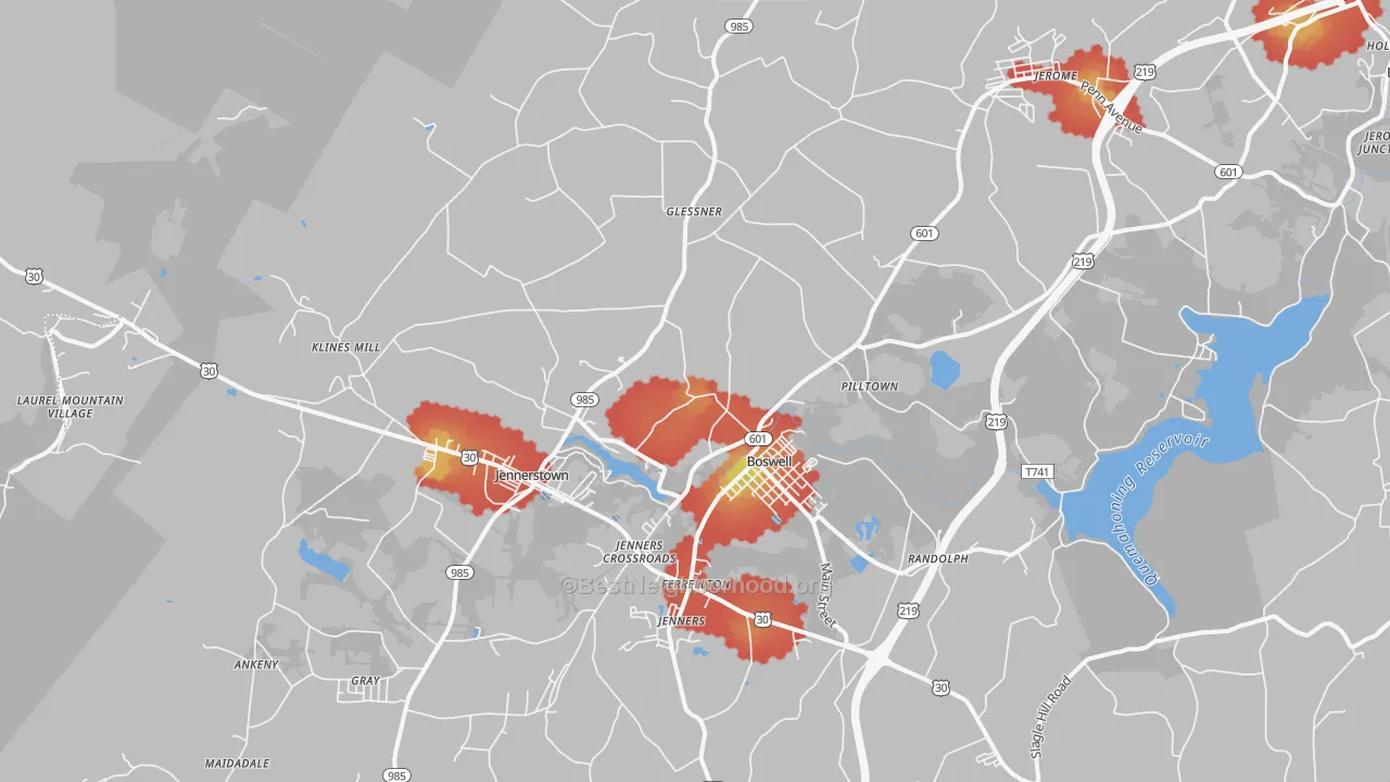 Walk Grade map of Boswell, PA, walkable areas in green and car-dependent areas in red