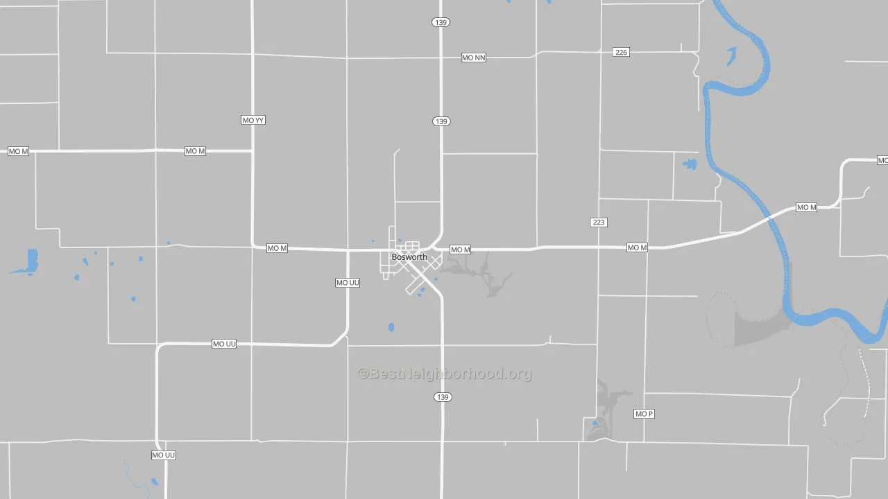 Walk Grade map of Bosworth, MO, walkable areas in green and car-dependent areas in red