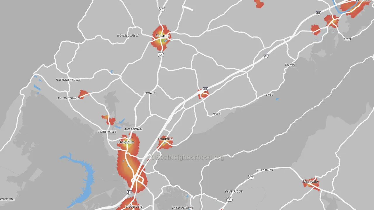 Walk Grade map of Botetourt County, VA, walkable areas in green and car-dependent areas in red