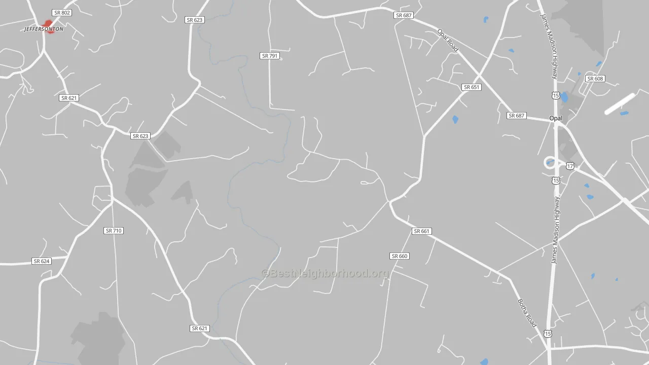 Walk Grade map of Botha, VA, walkable areas in green and car-dependent areas in red