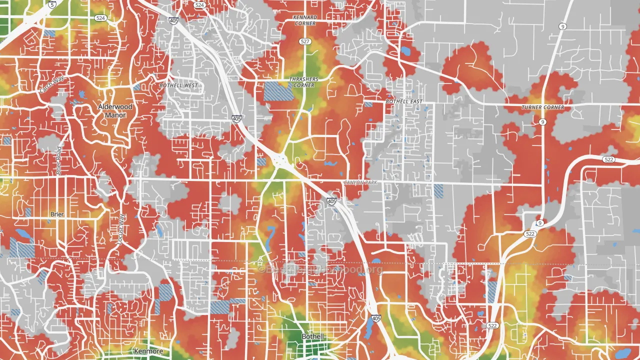 Walk Grade map of Bothell, WA, walkable areas in green and car-dependent areas in red