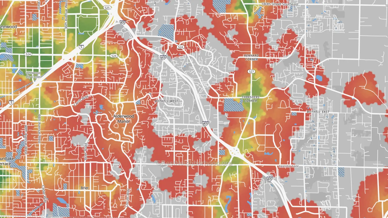 Walk Grade map of Bothell West, WA, walkable areas in green and car-dependent areas in red