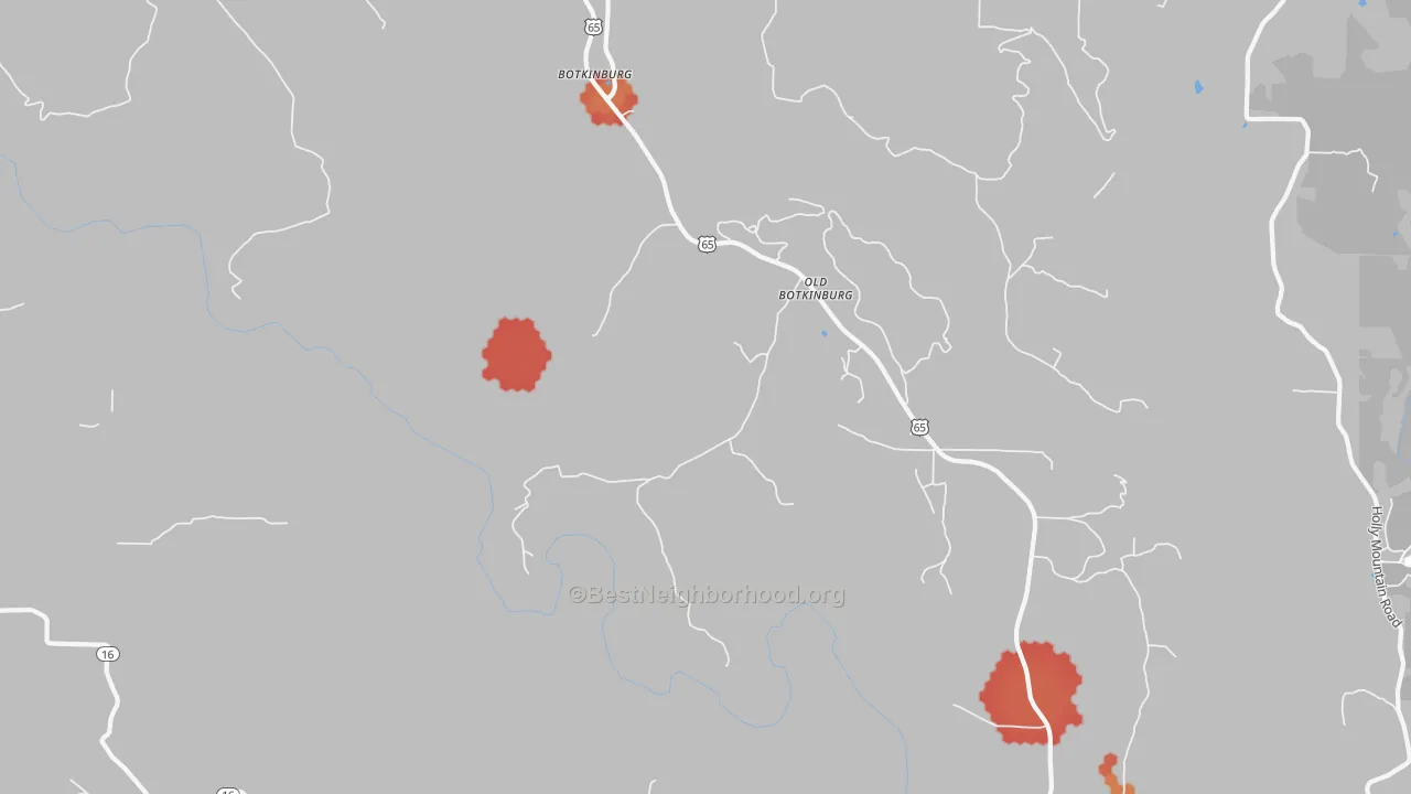 Walk Grade map of Botkinburg, AR, walkable areas in green and car-dependent areas in red