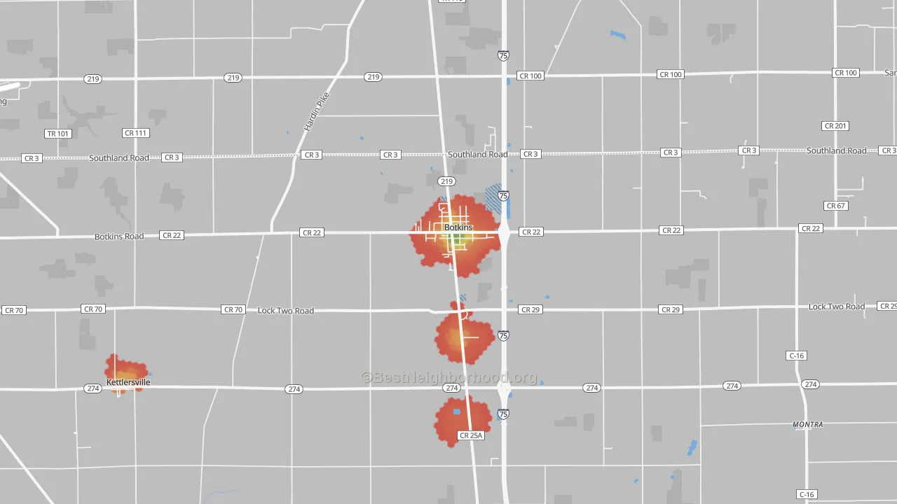 Walk Grade map of Botkins, OH, walkable areas in green and car-dependent areas in red