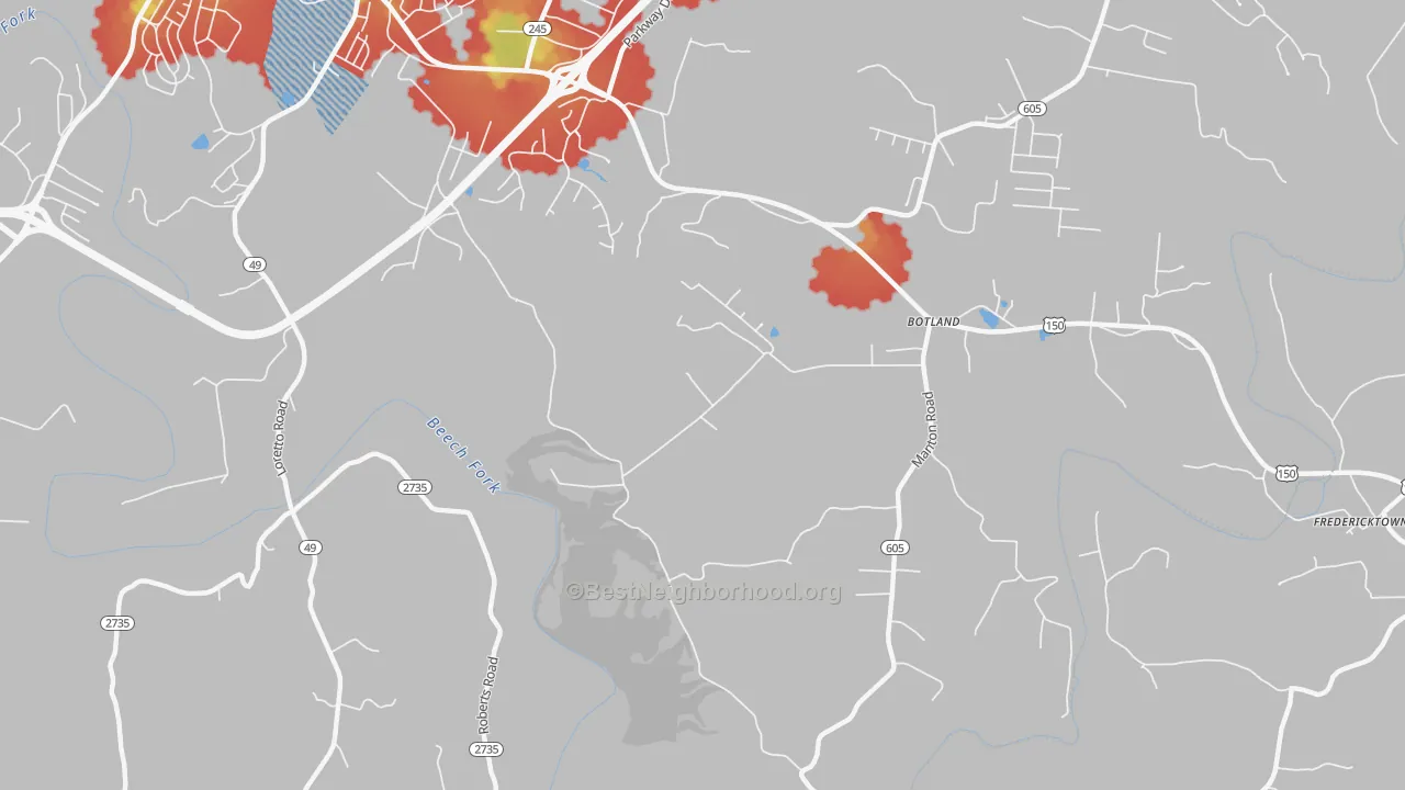 Walk Grade map of Botland, KY, walkable areas in green and car-dependent areas in red