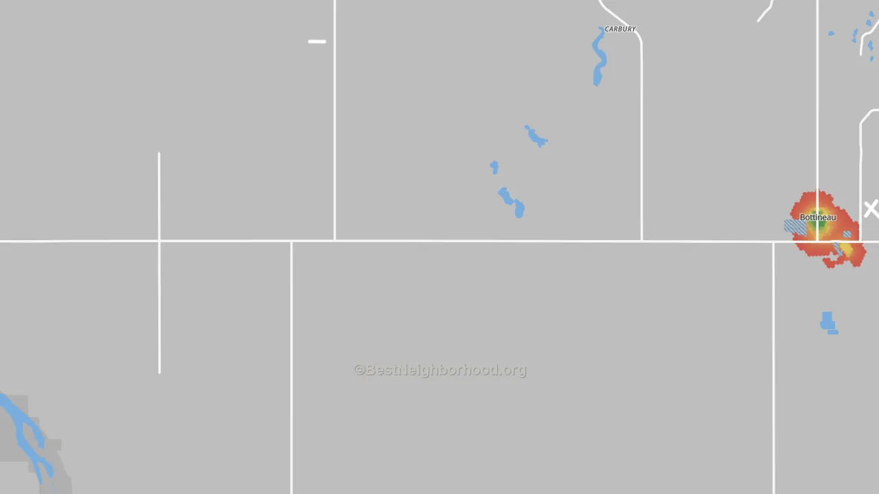 Walk Grade map of Bottineau County, ND, walkable areas in green and car-dependent areas in red