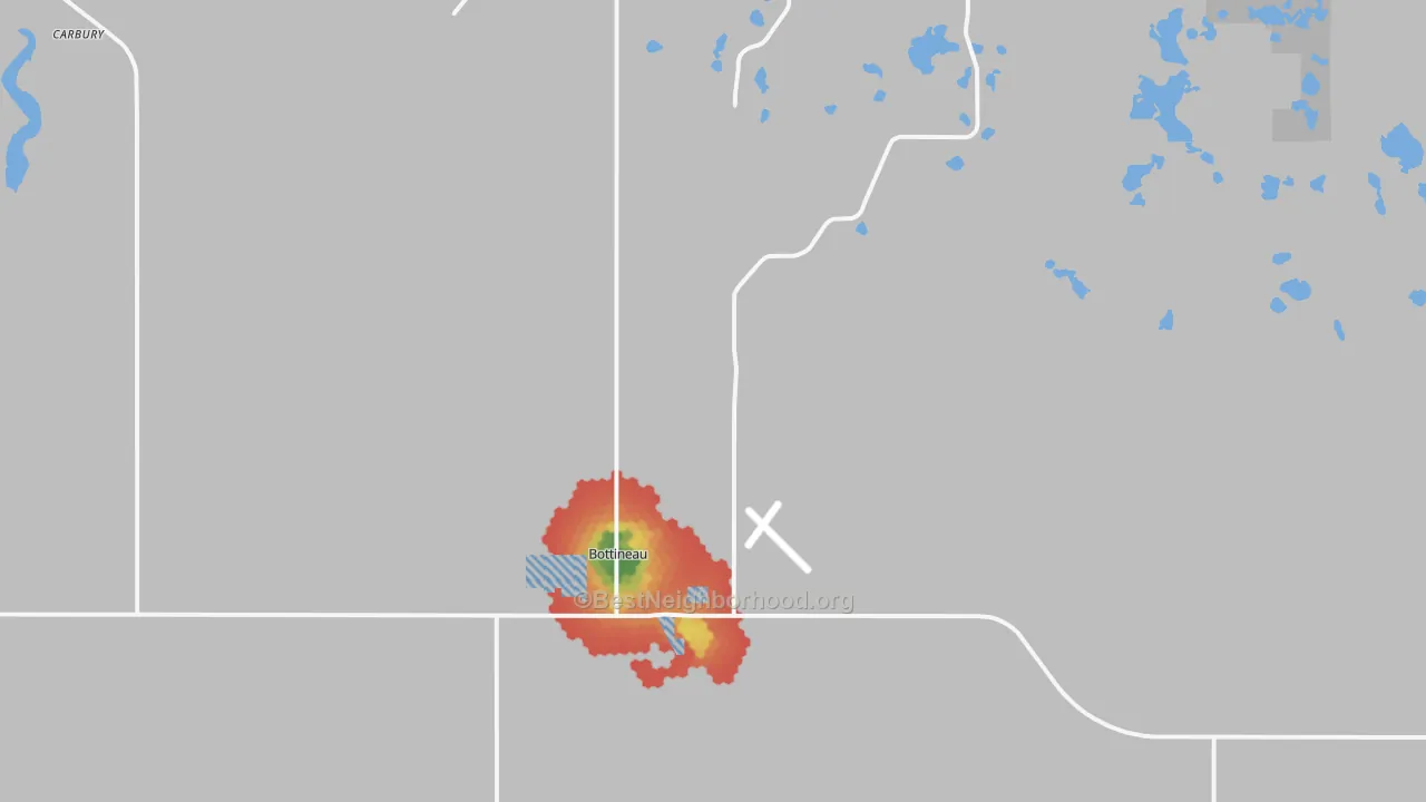 Walk Grade map of Bottineau, ND, walkable areas in green and car-dependent areas in red