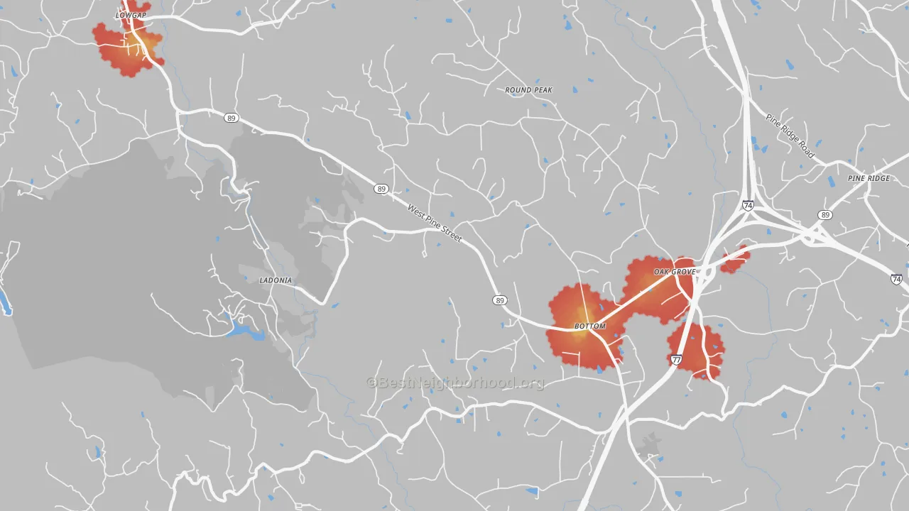 Walk Grade map of Bottom, NC, walkable areas in green and car-dependent areas in red