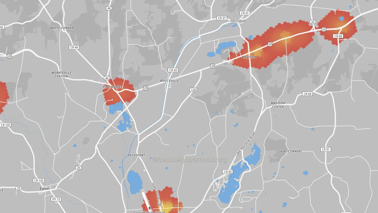 Walk Grade map of Bouckville, NY, walkable areas in green and car-dependent areas in red