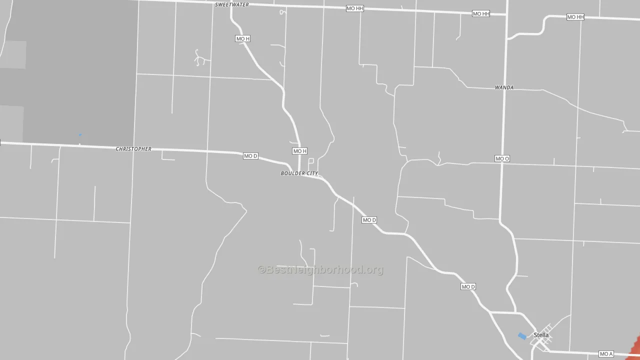 Walk Grade map of Boulder City, MO, walkable areas in green and car-dependent areas in red
