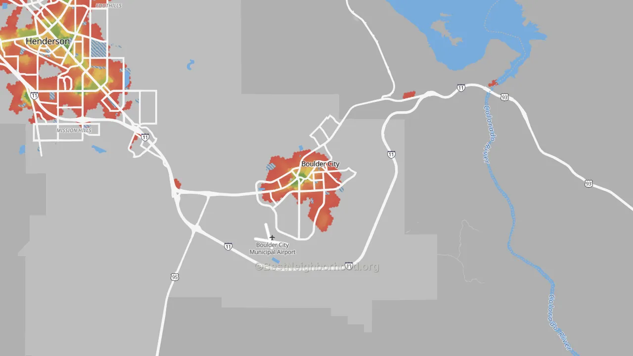 Walk Grade map of Boulder City, NV, walkable areas in green and car-dependent areas in red