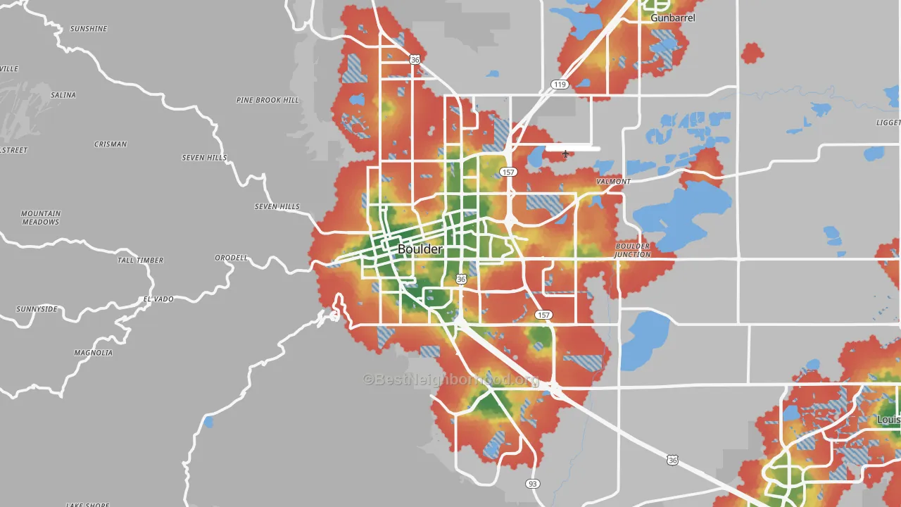 Walk Grade map of Boulder, CO, walkable areas in green and car-dependent areas in red