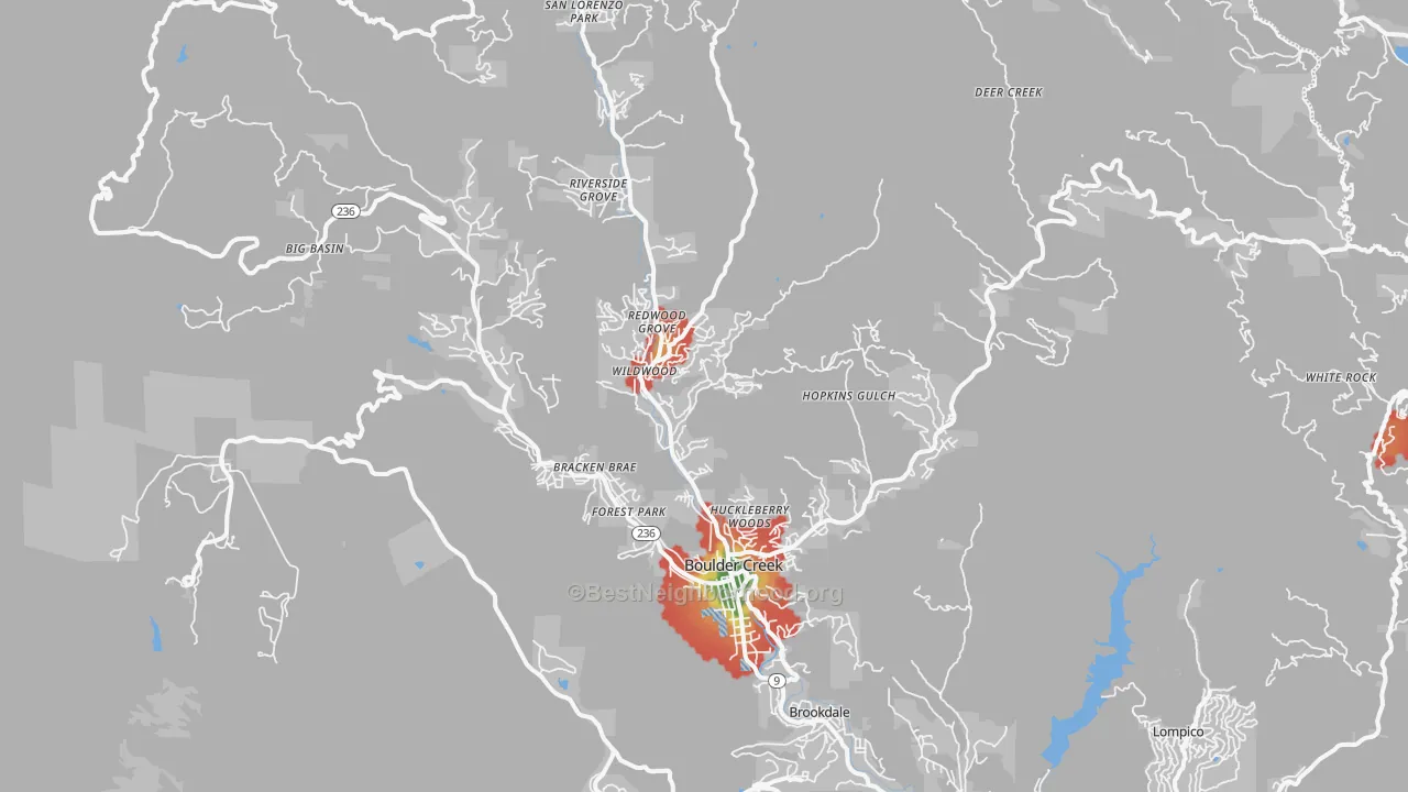 Walk Grade map of Boulder Creek, CA, walkable areas in green and car-dependent areas in red