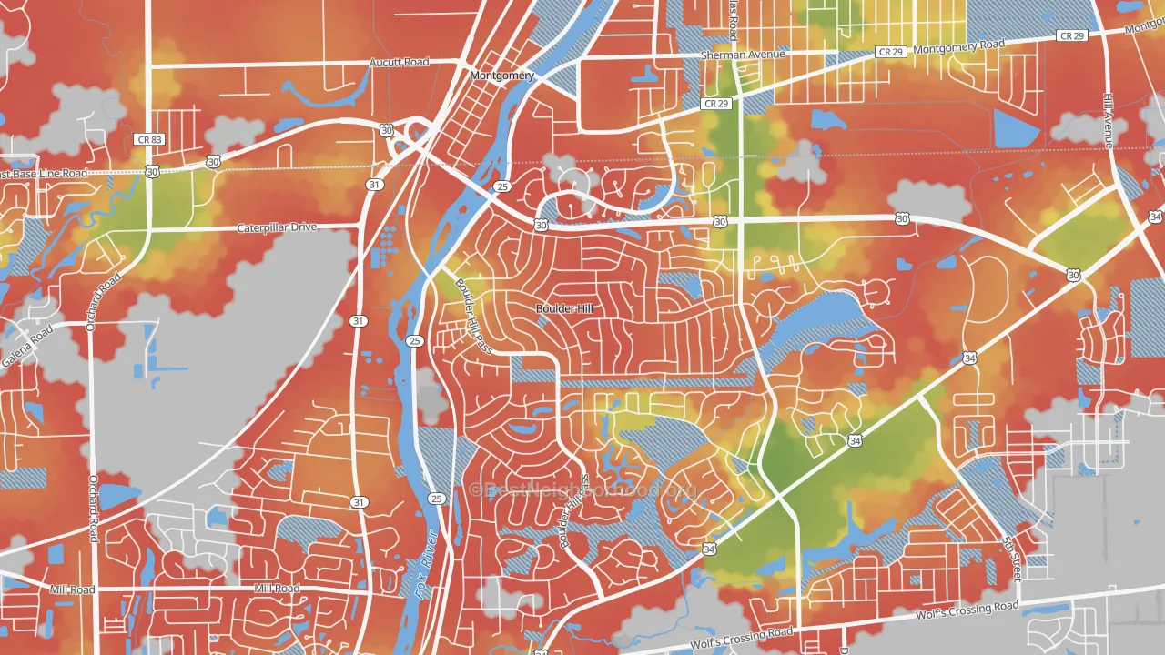Walk Grade map of Boulder Hill, IL, walkable areas in green and car-dependent areas in red