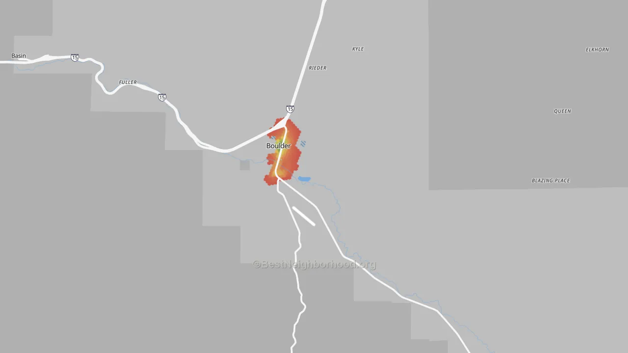 Walk Grade map of Boulder, MT, walkable areas in green and car-dependent areas in red
