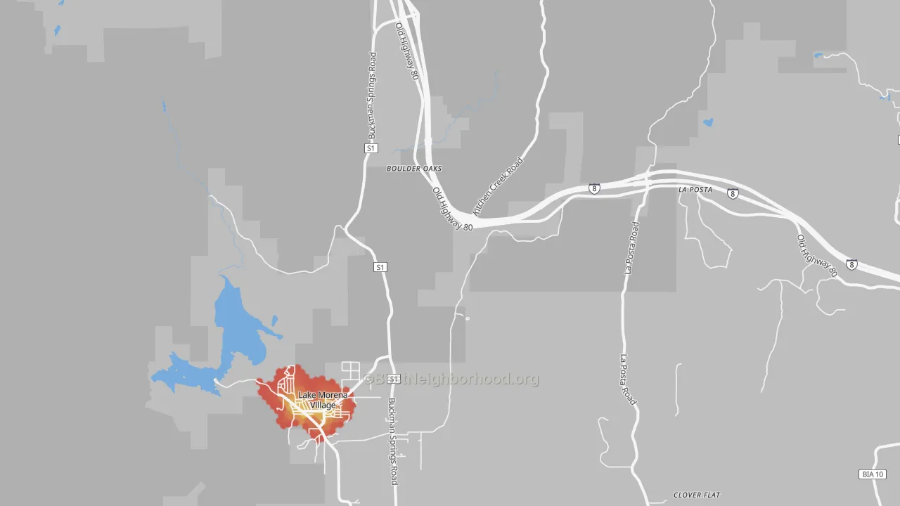 Walk Grade map of Boulder Oaks, CA, walkable areas in green and car-dependent areas in red