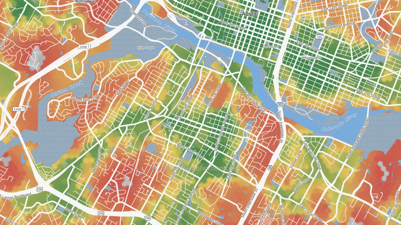 Walk Grade map of Bouldin, Austin, TX, walkable areas in green and car-dependent areas in red