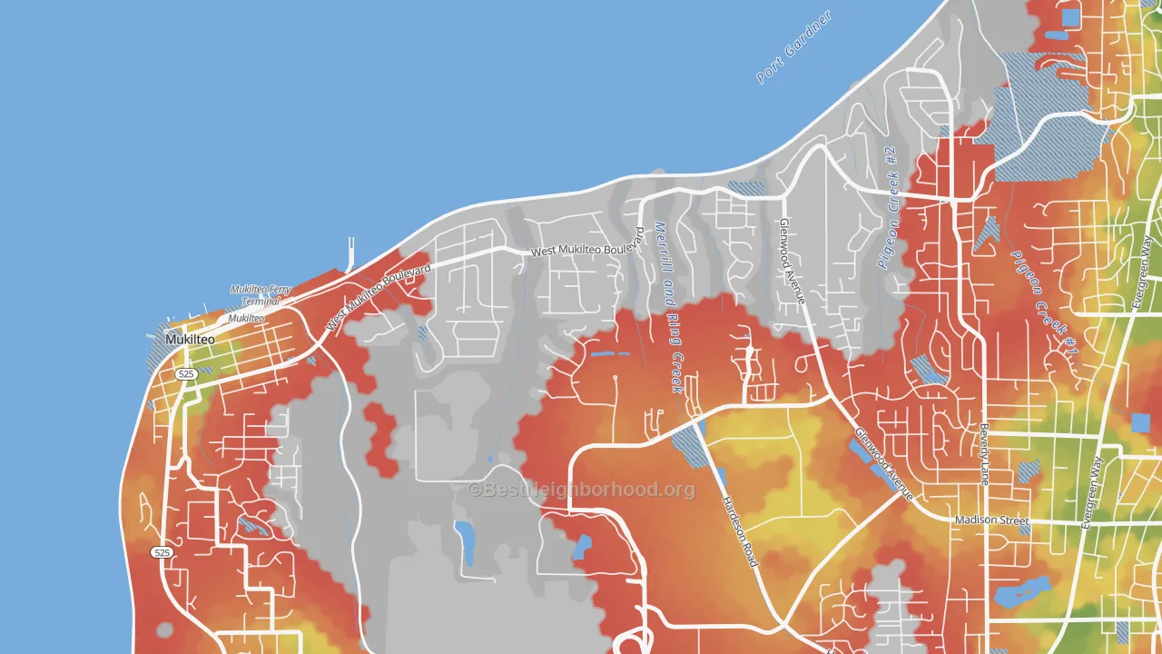 Walk Grade map of Boulevard Bluffs, Everett, WA, walkable areas in green and car-dependent areas in red