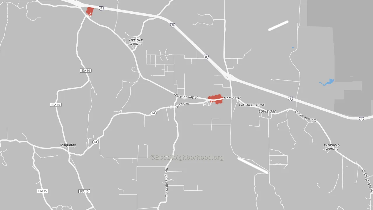 Walk Grade map of Boulevard, CA, walkable areas in green and car-dependent areas in red