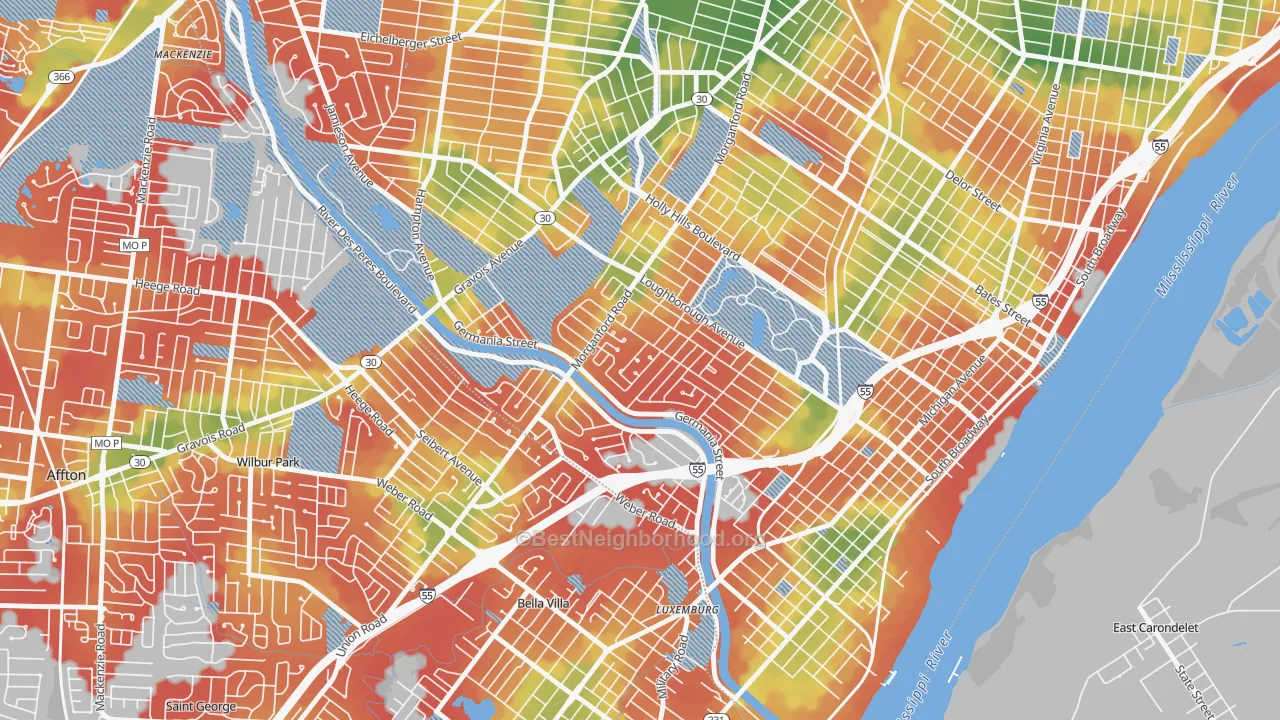 Walk Grade map of Boulevard Heights, St. Louis, MO, walkable areas in green and car-dependent areas in red