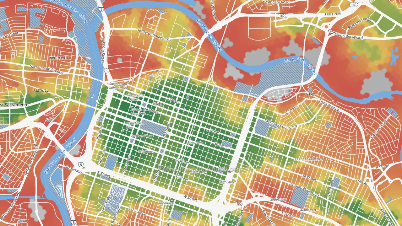 Walk Grade map of Boulevard Park, Sacramento, CA, walkable areas in green and car-dependent areas in red