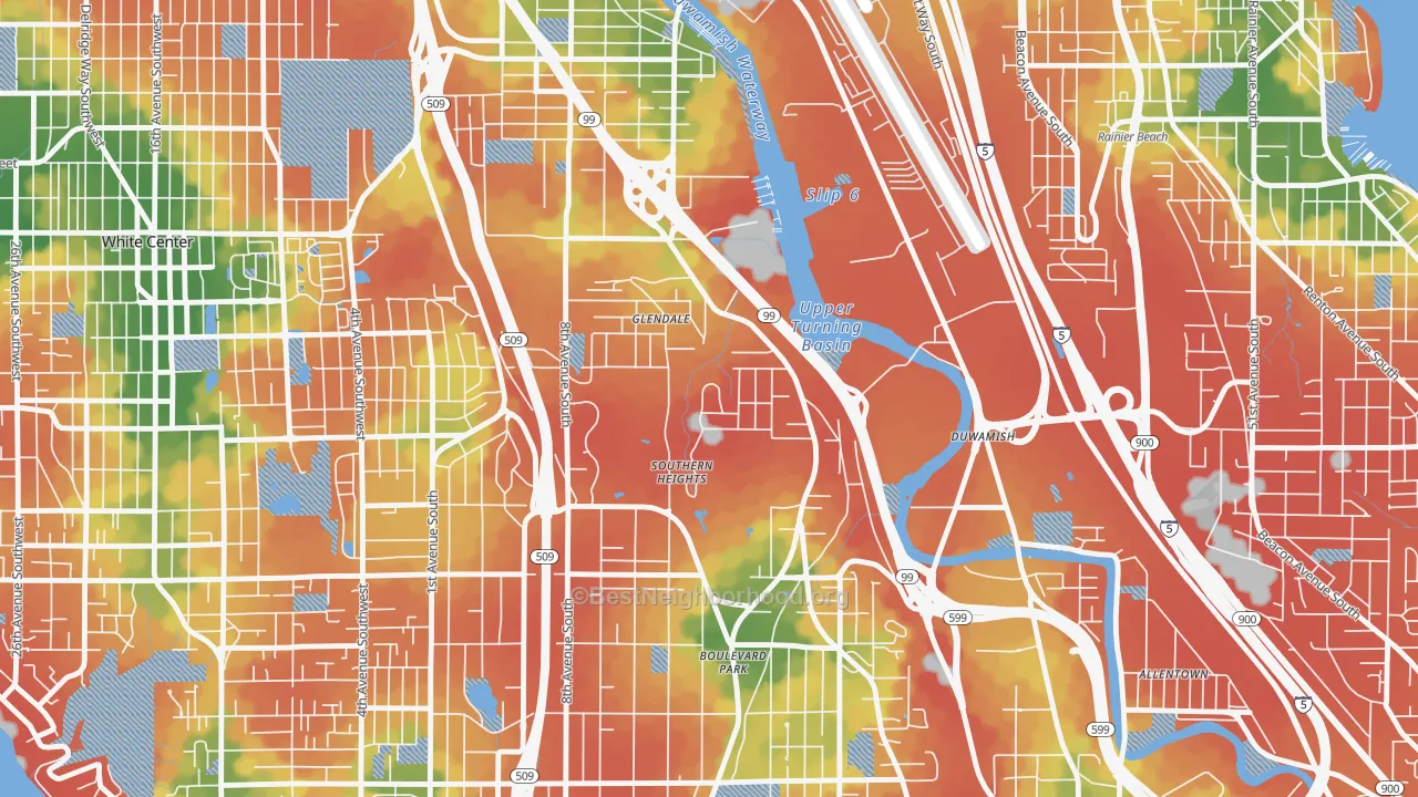 Walk Grade map of Boulevard Park, WA, walkable areas in green and car-dependent areas in red