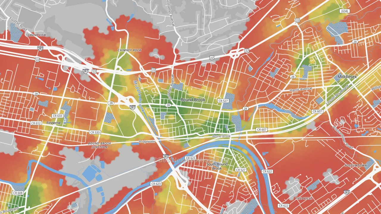 Walk Grade map of Bound Brook, NJ, walkable areas in green and car-dependent areas in red