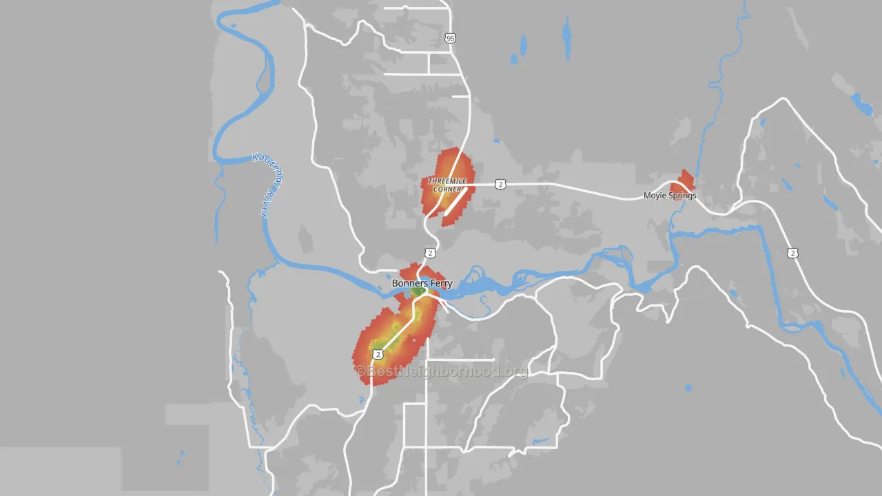 Walk Grade map of Boundary County, ID, walkable areas in green and car-dependent areas in red