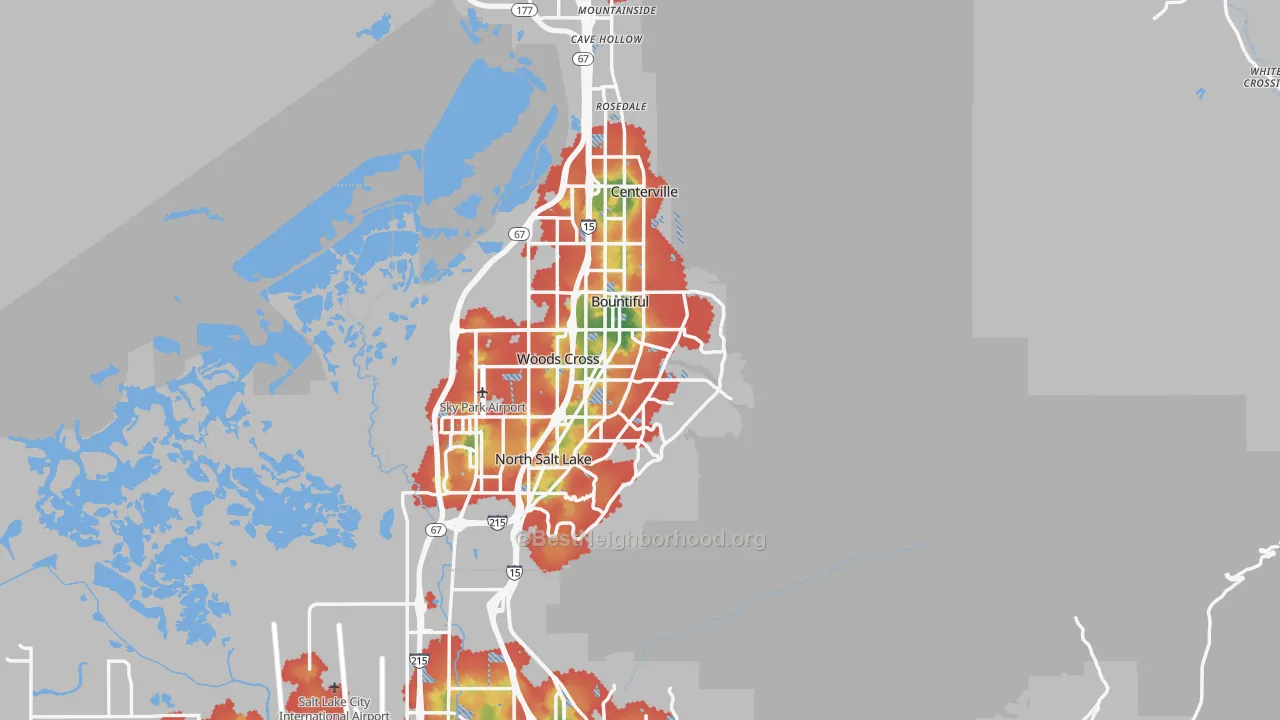 Walk Grade map of Bountiful, UT, walkable areas in green and car-dependent areas in red
