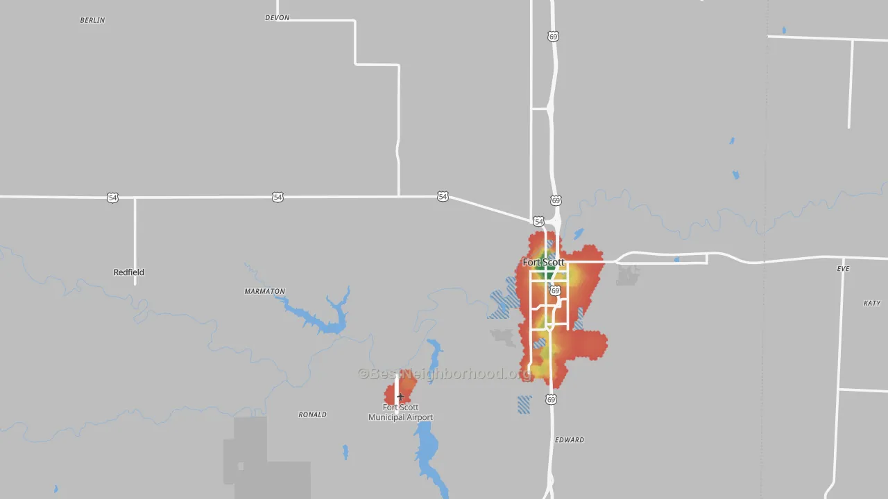 Walk Grade map of Bourbon County, KS, walkable areas in green and car-dependent areas in red