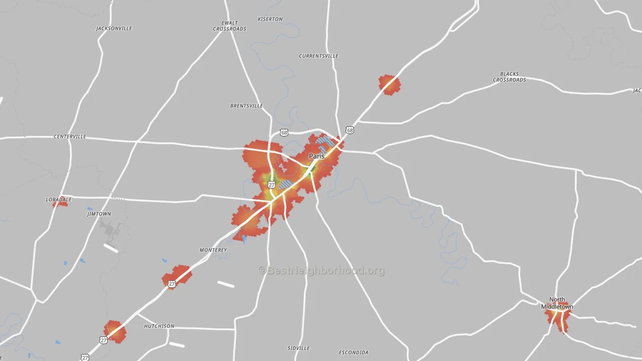 Walk Grade map of Bourbon County, KY, walkable areas in green and car-dependent areas in red