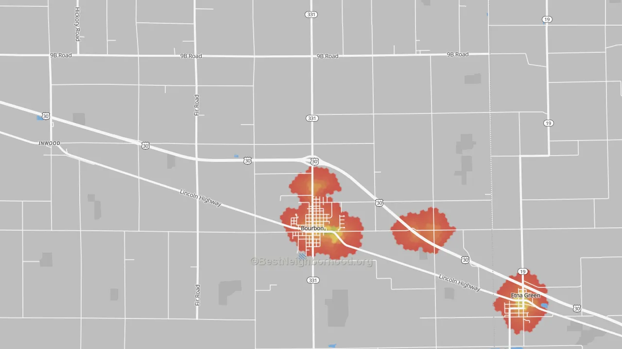 Walk Grade map of Bourbon, IN, walkable areas in green and car-dependent areas in red
