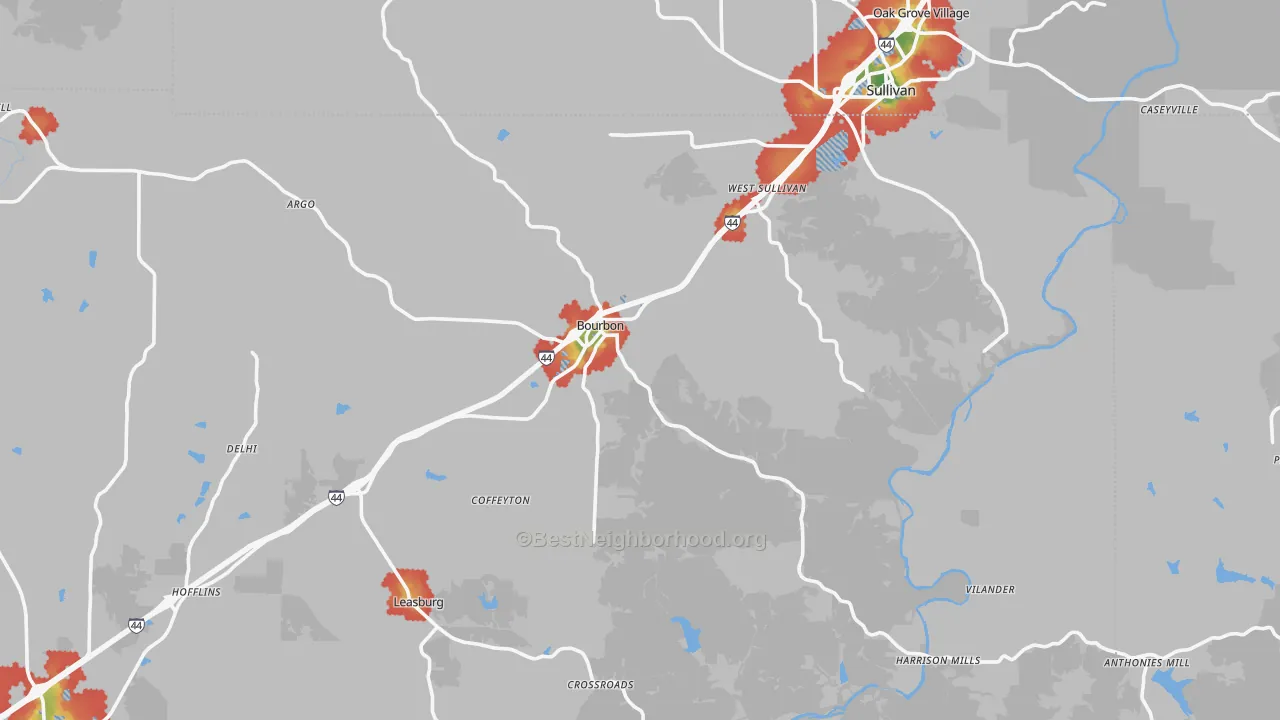 Walk Grade map of Bourbon, MO, walkable areas in green and car-dependent areas in red