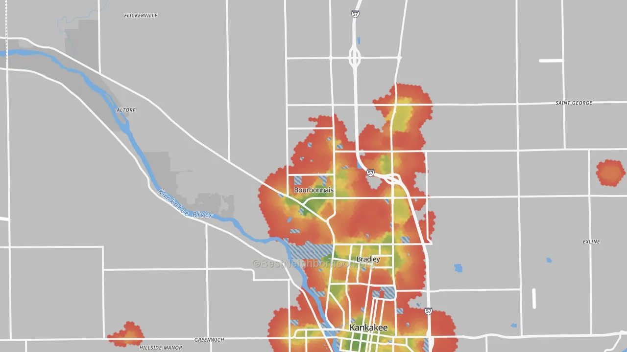Walk Grade map of Bourbonnais, IL, walkable areas in green and car-dependent areas in red