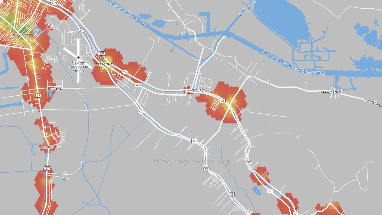 Walk Grade map of Bourg, LA, walkable areas in green and car-dependent areas in red
