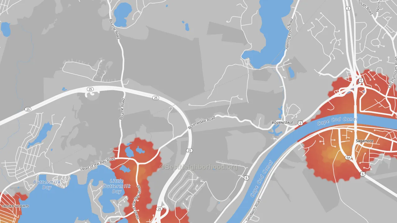 Walk Grade map of Bournedale, MA, walkable areas in green and car-dependent areas in red