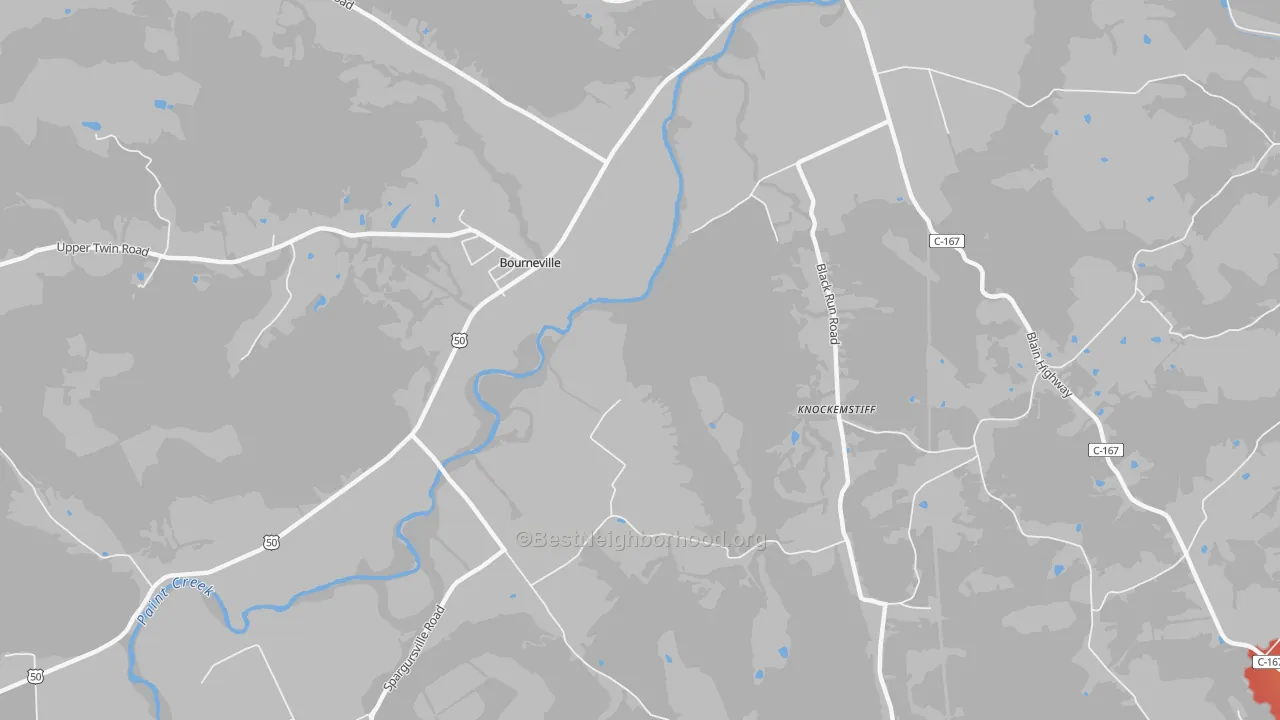 Walk Grade map of Bourneville, OH, walkable areas in green and car-dependent areas in red