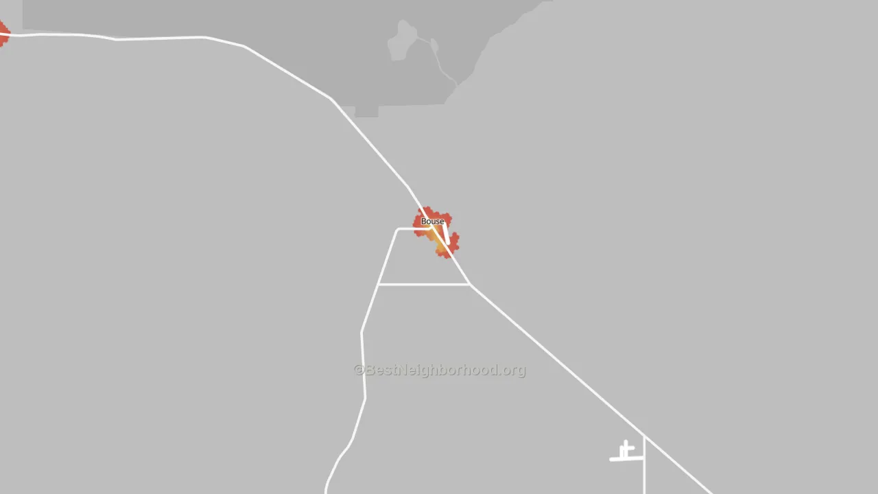 Walk Grade map of Bouse, AZ, walkable areas in green and car-dependent areas in red