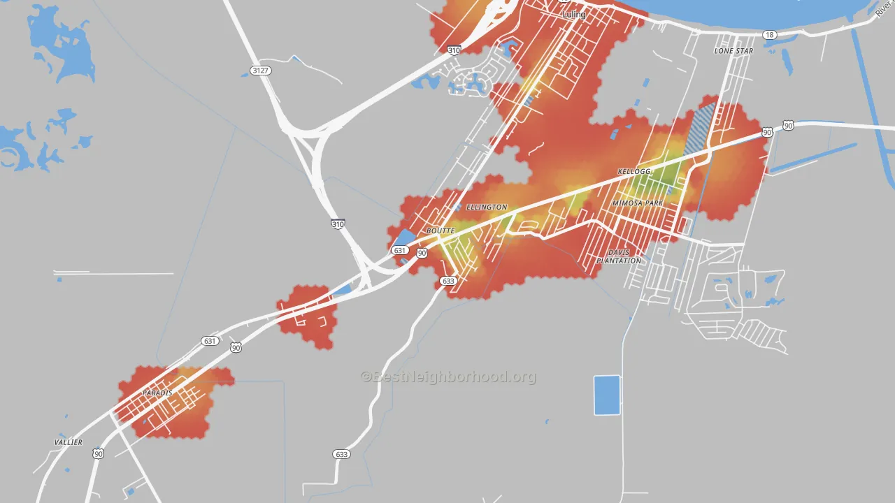 Walk Grade map of Boutte, LA, walkable areas in green and car-dependent areas in red