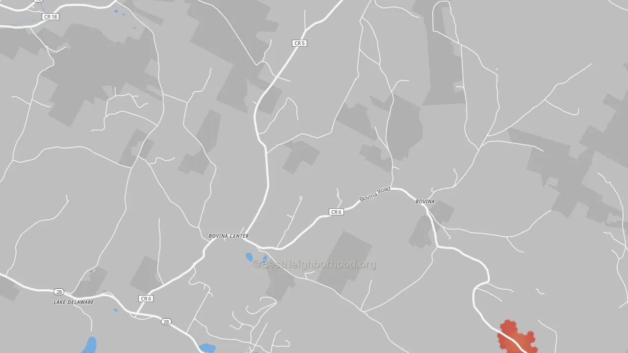 Walk Grade map of Bovina Center, NY, walkable areas in green and car-dependent areas in red