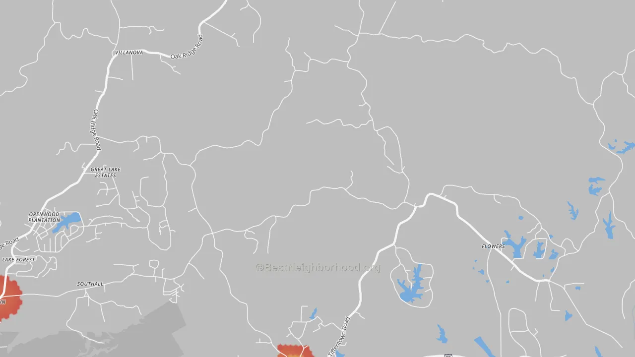 Walk Grade map of Bovina, MS, walkable areas in green and car-dependent areas in red