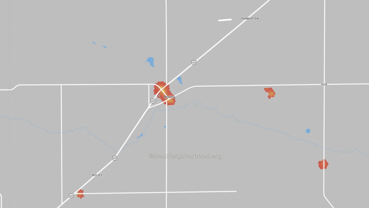 Walk Grade map of Bovina, TX, walkable areas in green and car-dependent areas in red