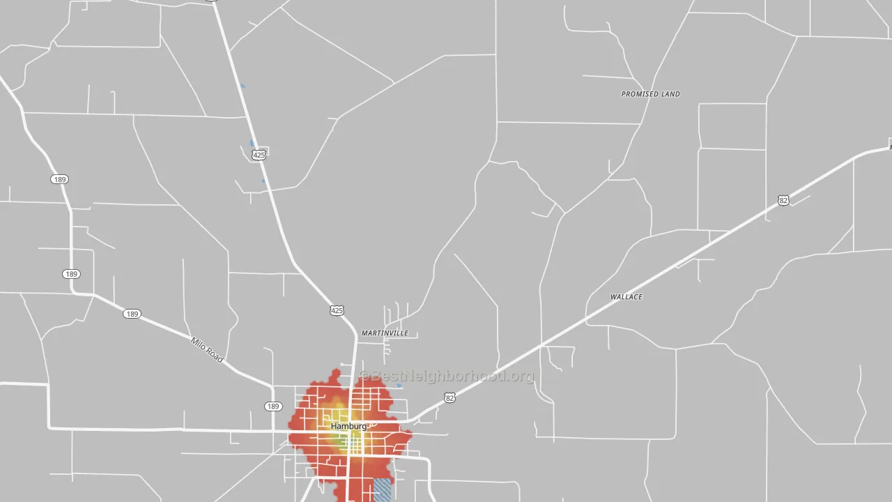 Walk Grade map of Bovine, AR, walkable areas in green and car-dependent areas in red