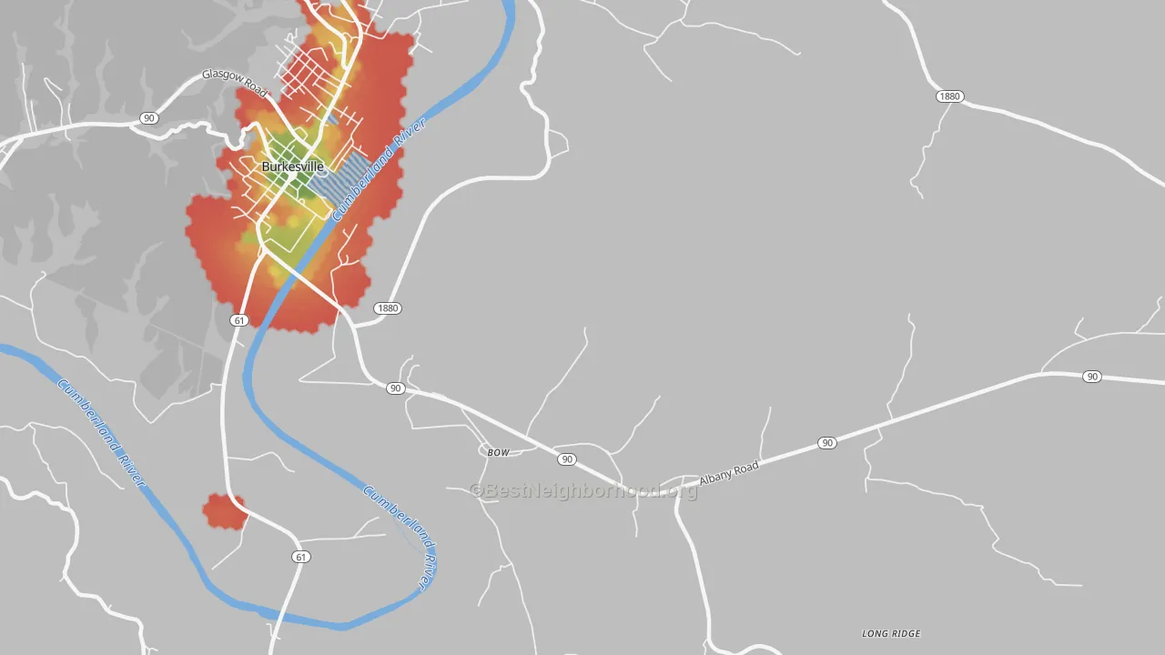 Walk Grade map of Bow, KY, walkable areas in green and car-dependent areas in red