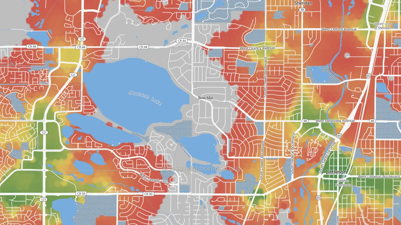 Walk Grade map of Bow Mar, CO, walkable areas in green and car-dependent areas in red
