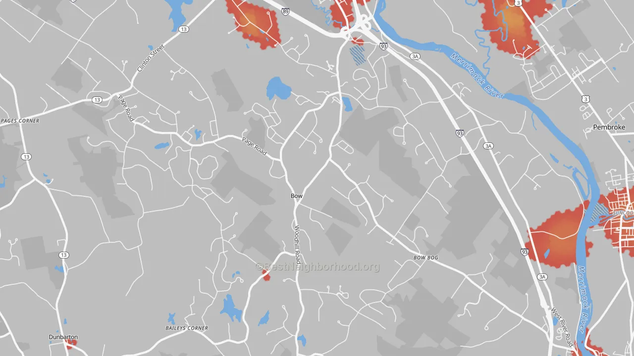 Walk Grade map of Bow, NH, walkable areas in green and car-dependent areas in red