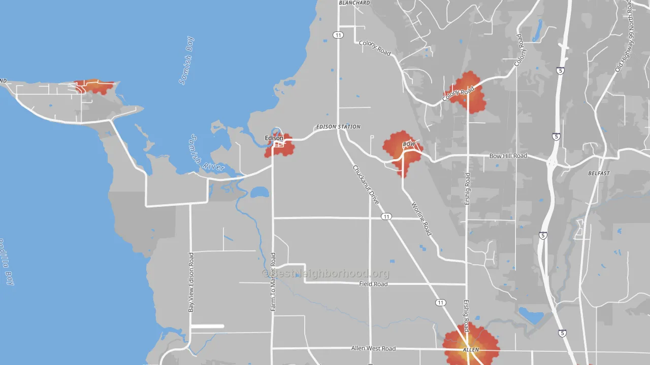 Walk Grade map of Bow, WA, walkable areas in green and car-dependent areas in red