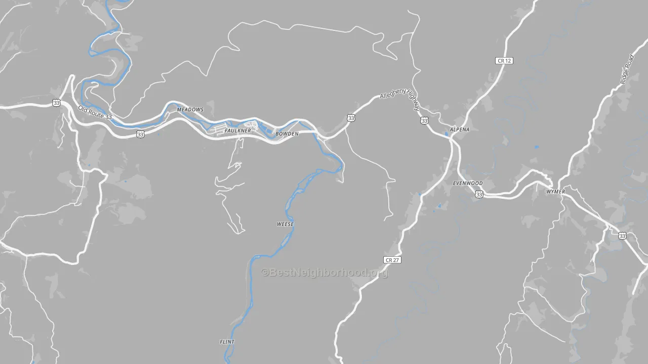Walk Grade map of Bowden, WV, walkable areas in green and car-dependent areas in red