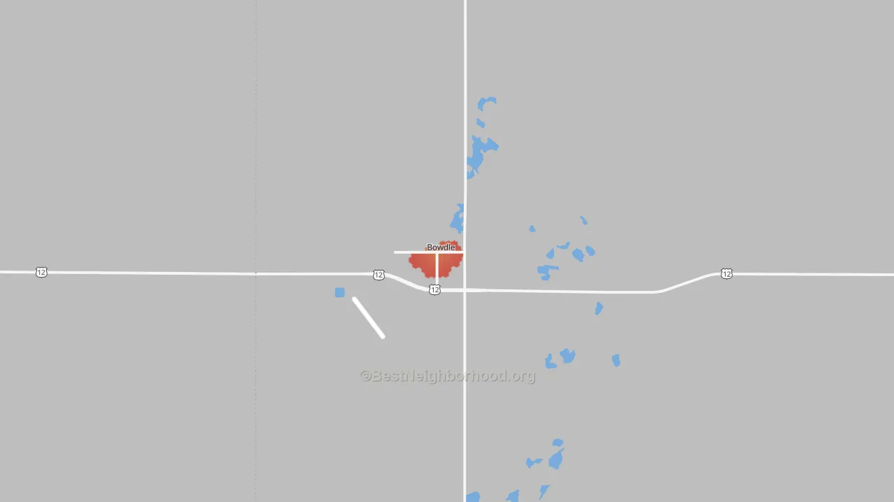 Walk Grade map of Bowdle, SD, walkable areas in green and car-dependent areas in red