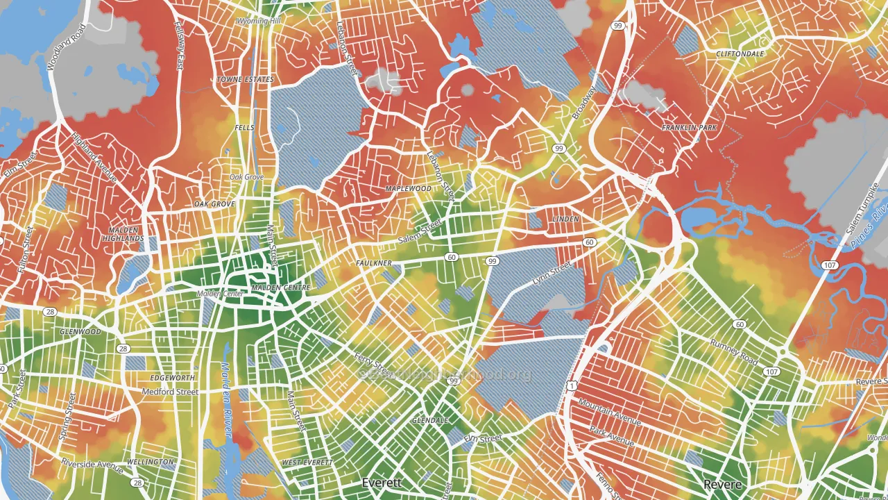 Walk Grade map of Bowdoin Apartments, Malden, MA, walkable areas in green and car-dependent areas in red